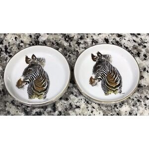 Vintage Enesco Born Free Zebra Fine China 2 Coaster Trinket Dish Gold Rim 1975